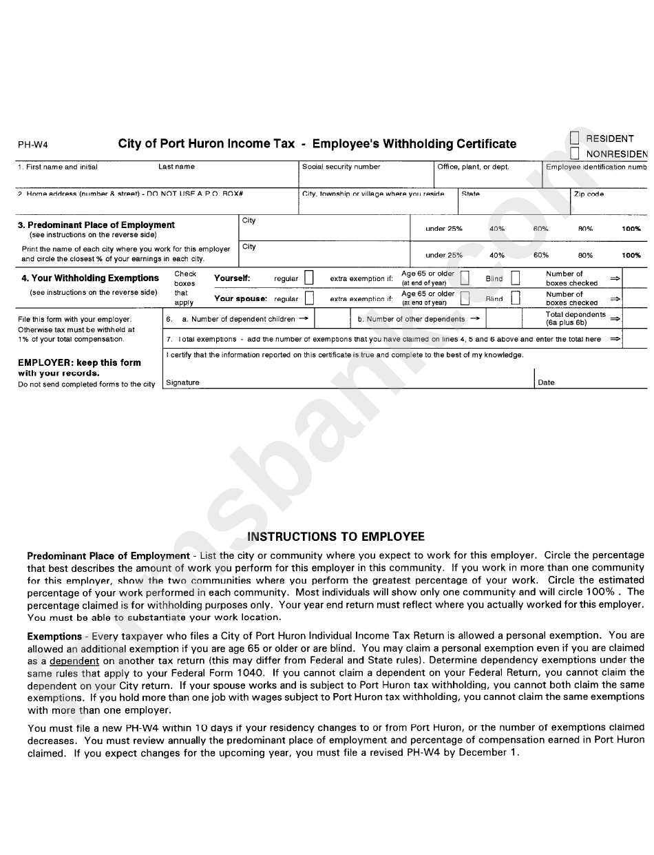 Form Ph-W4 - City Of Port Huron Income Tax - Employee