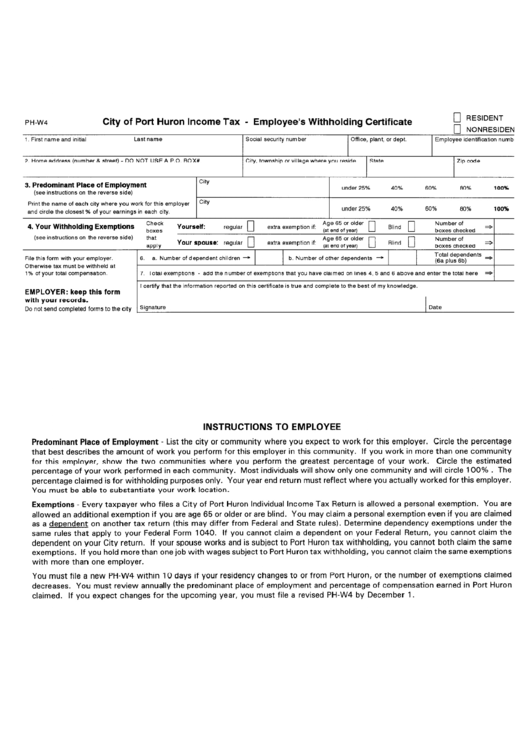 Form Ph-W4 - City Of Port Huron Income Tax - Employee