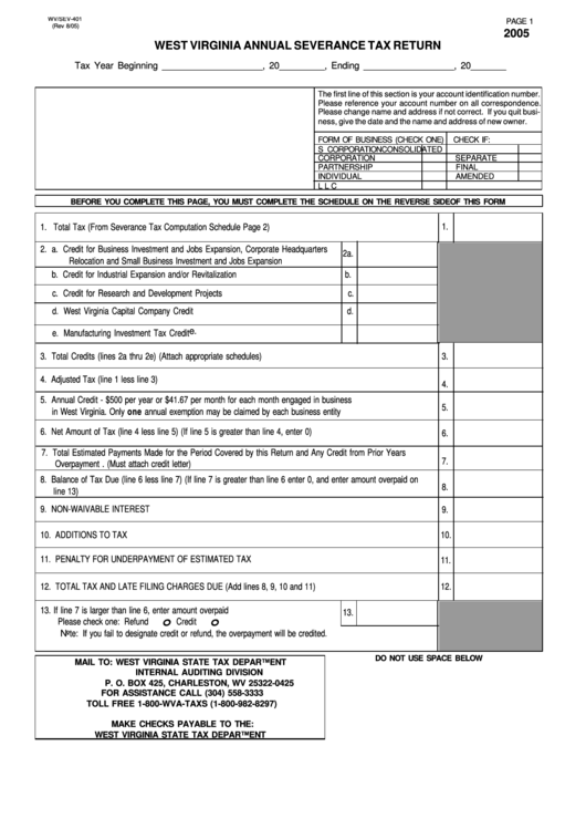 Form Wv/sev-401 - West Virginia Annual Severance Tax Return - 2005 Printable pdf
