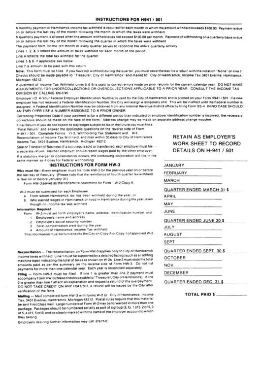 Instructions For Form H941/501 - City Of Hamtramck Printable pdf