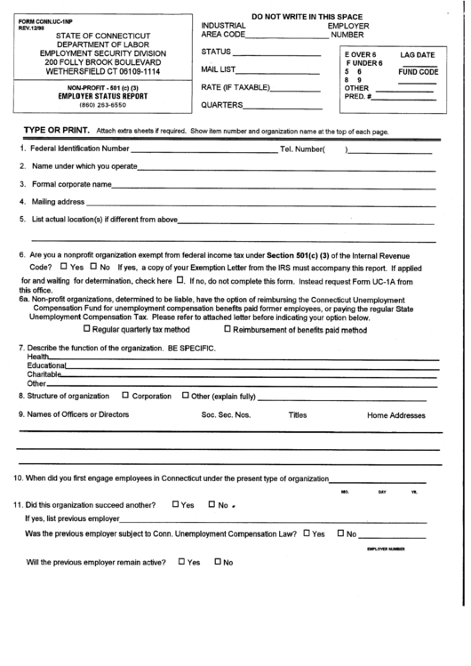 Form Uc-1np - Employer Status Report - Connecticut Department Of Labor Printable pdf