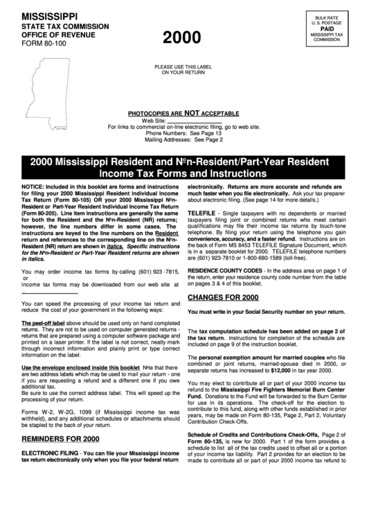 Form 80-100 Instructions - Mississippi Resident And Non-Resident/part-Year Resident Income Tax Forms - 2000 Printable pdf