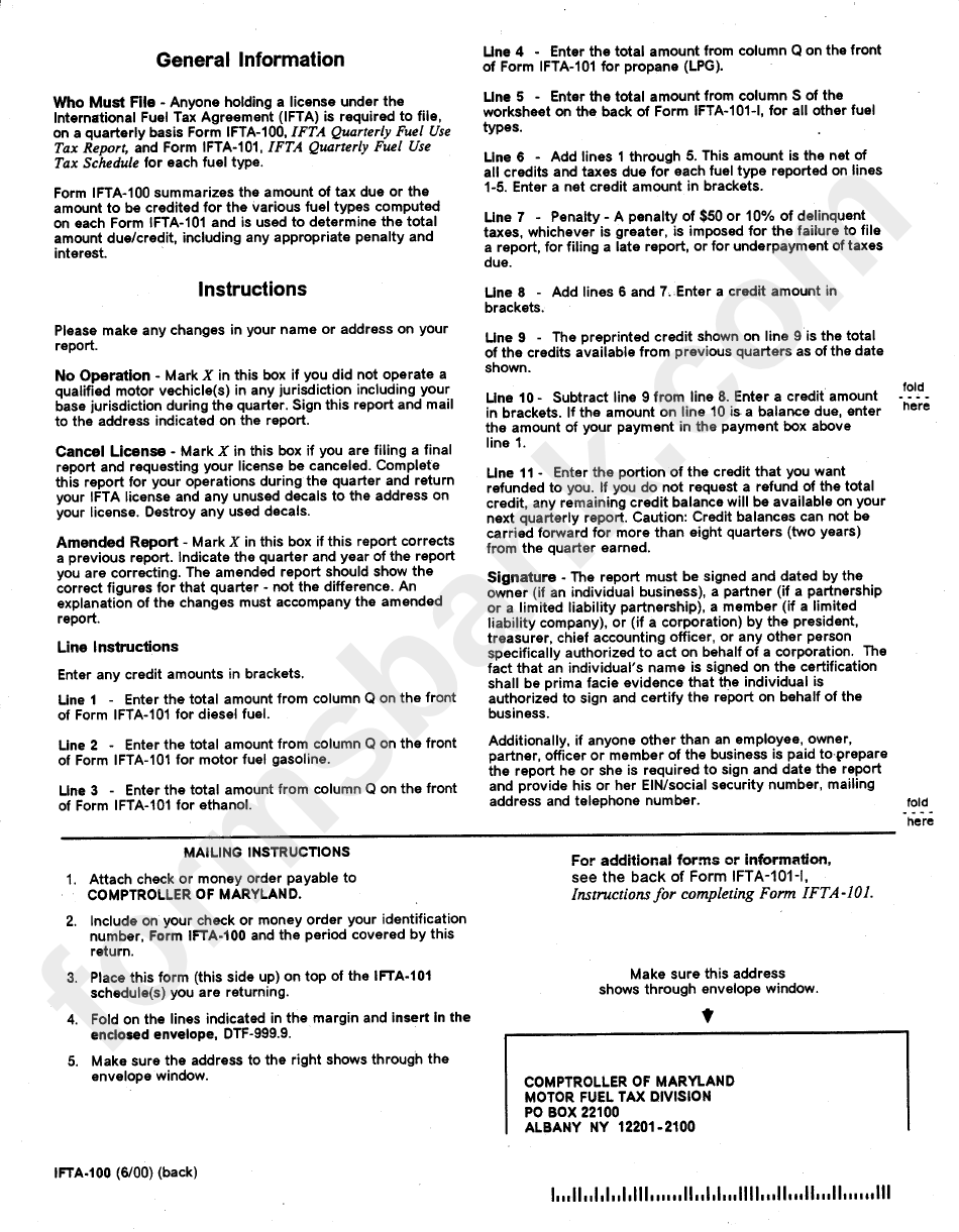 Form Ifta-100 Instructions - Ifta Quarterly Fuel Tax Report - 2000