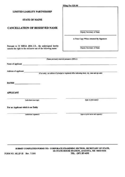 Form Mllp-Ib - Cancellation Of Reserved Name - Maine Secretary Of State Printable pdf