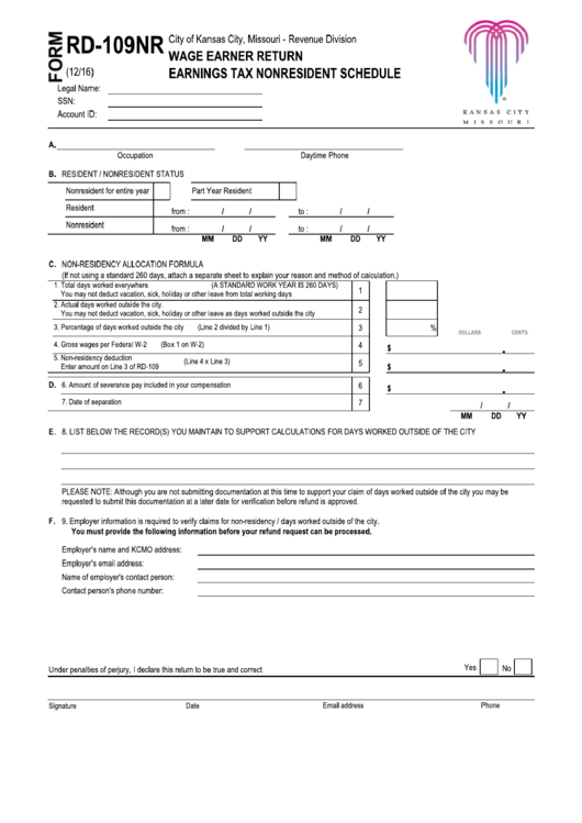 Fillable Form Rd-109nr - Wage Earner Return Earnings Tax Nonresident Schedule Printable pdf