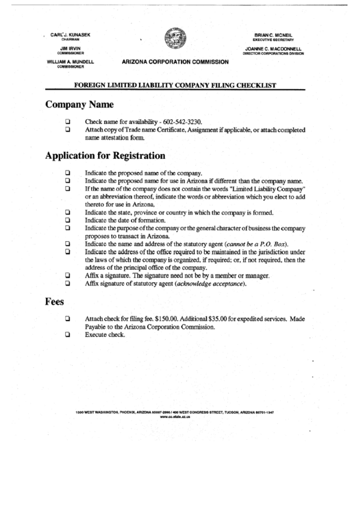 Foreign Limited Liability Company Filing Checklist - Arizona Corporation Comission Printable pdf