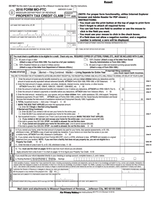 Fillable Form Mo-Ptc - Property Tax Credit Claim - 2016 Printable pdf