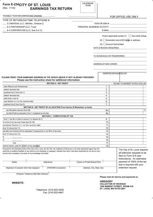Fillable Form E-234 - City Of St. Louis Earnings Tax Return Printable pdf