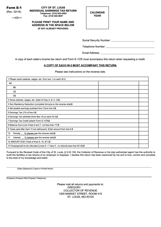 Fillable Form E-1 - City Of St. Louis Individual Earnings Tax Return Printable pdf