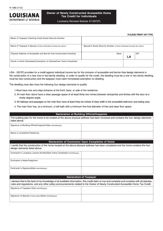 Fillable Form R-1089 - Owner Of Newly Constructed Accessible Home Tax Credit For Individuals Printable pdf