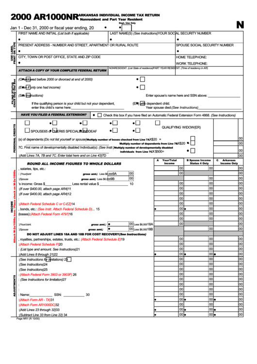 Form Ar1000nr - Arkansas Individual Income Tax Return Nonresident And Part Year Resident - Ar Department Of Finance And Administration - 2000 Printable pdf