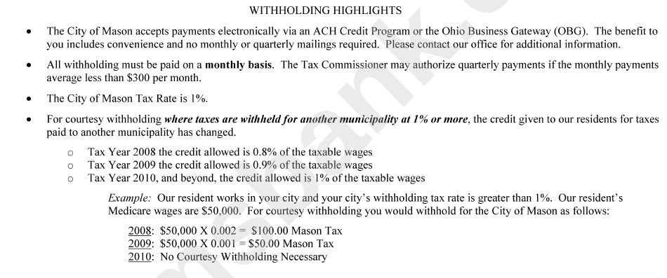Withholding Tax Worksheet - City Of Mason - Tax Office