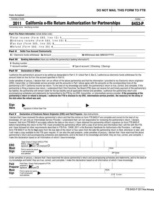 Fillable Form 8453-P - California E-File Return Authorization For Partnerships - 2011 Printable pdf