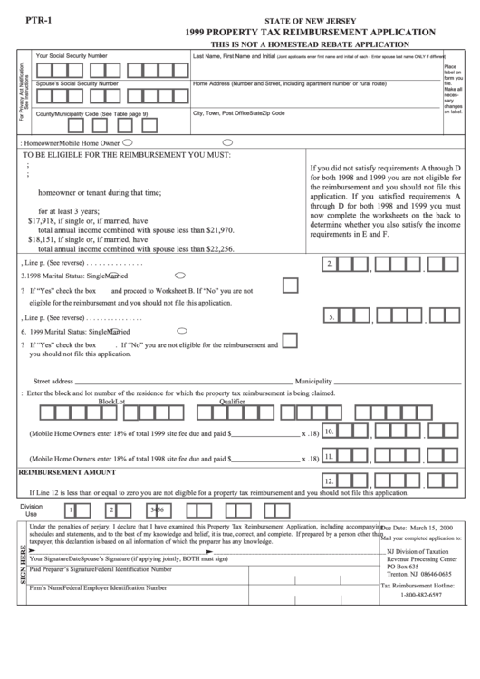 Form Ptr-1 - Property Tax Reimbursement Application - 1999 Printable pdf
