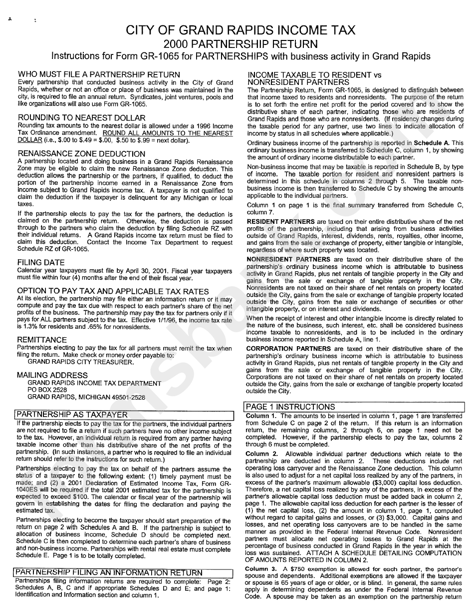 Instruction For Form Gr-1065 For Partnerships With Business Activity In Grand Rapids - 2000