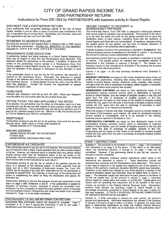 Instruction For Form Gr-1065 For Partnerships With Business Activity In Grand Rapids - 2000 Printable pdf