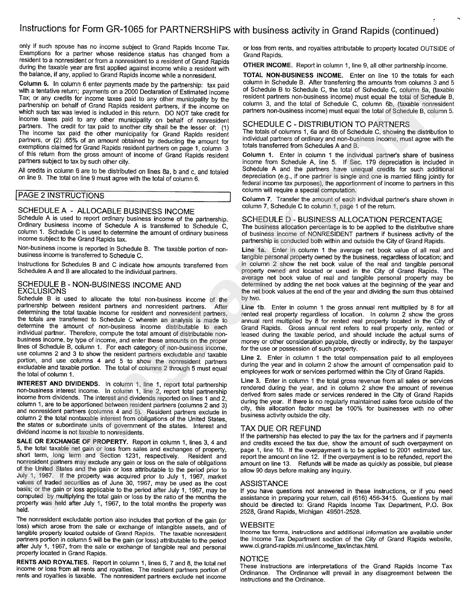 Instruction For Form Gr-1065 For Partnerships With Business Activity In Grand Rapids - 2000