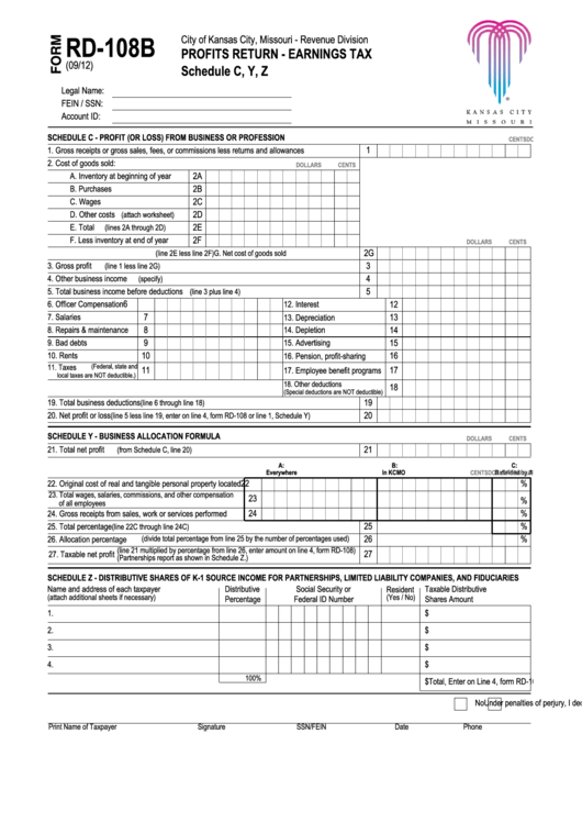 Form Rd-108b - Profits Return - Earnings Tax Schedule C, Y, Z