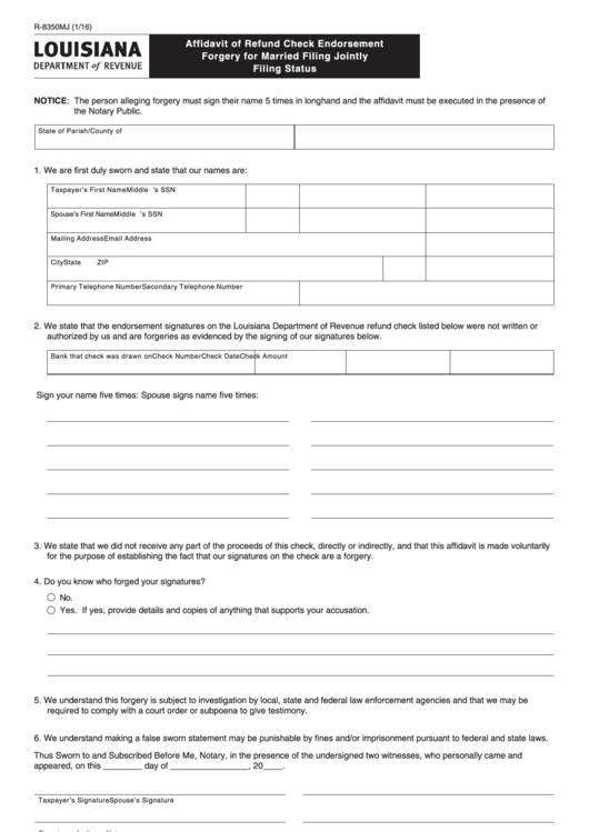 Fillable Form R-8350mj - Affidavit Of Refund Check Endorsement Forgery For Married Filing Jointly Filing Status Printable pdf