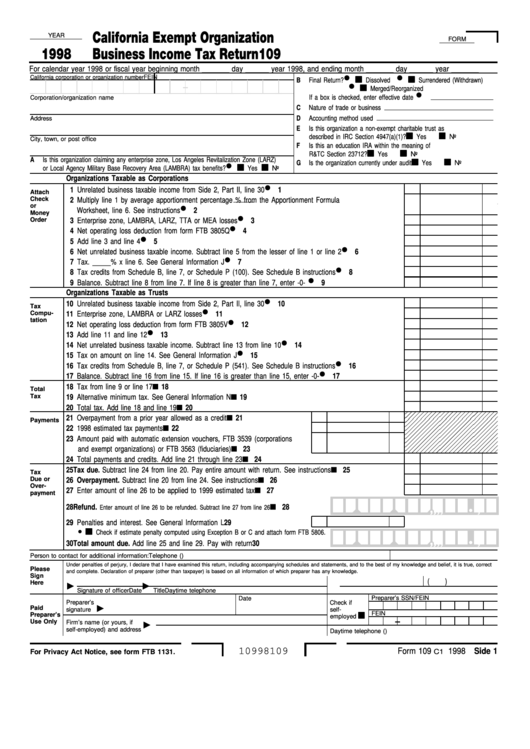 Fillable Form 109 - California Exempt Organization Business Income Tax Return - 1998 Printable pdf