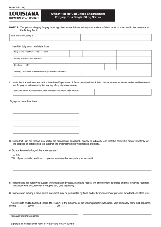 Fillable Form R-8350sf - Affidavit Of Refund Check Endorsement Forgery For A Single Filing Status Printable pdf