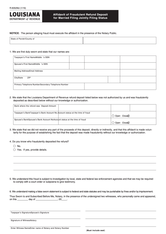 Fillable Form R-8352mj - Affidavit Of Fraudulent Refund Deposit For Married Filing Jointly Filing Status Printable pdf