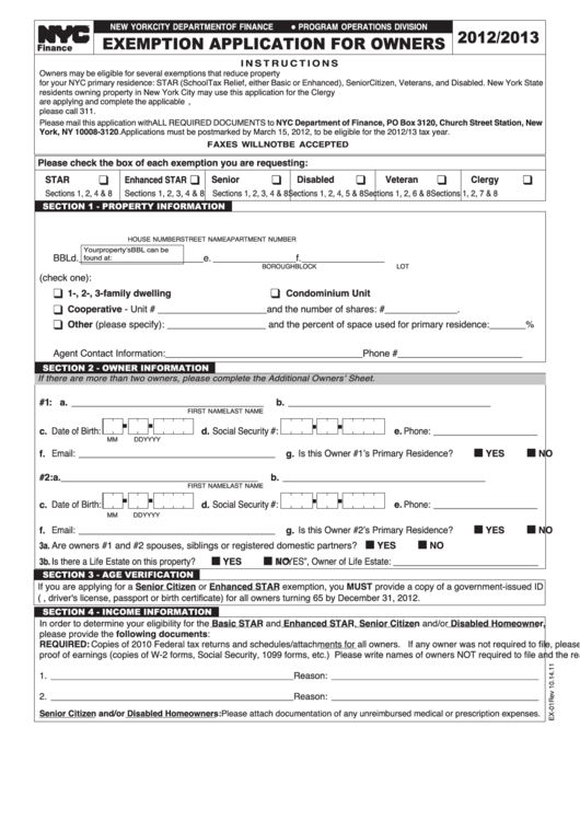 Exemption Application For Owners - 2012/2013 Printable pdf