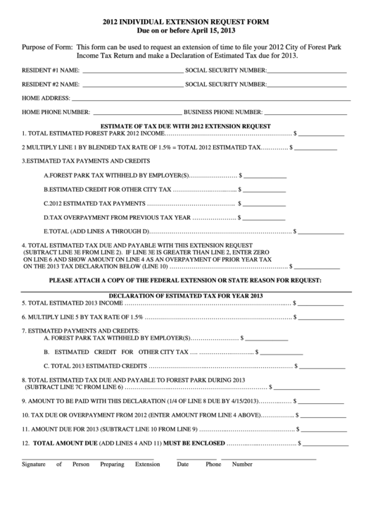 2012 Individual Extension Request Form Printable pdf