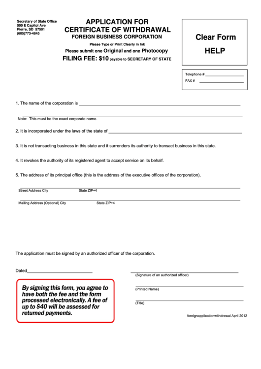 Fillable Application For Certificate Of Withdrawal Form - Secretary Of State Office Printable pdf