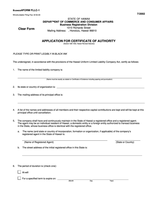 Fillable Form Fllc-1 - Application For Certificate Of Authority Printable pdf