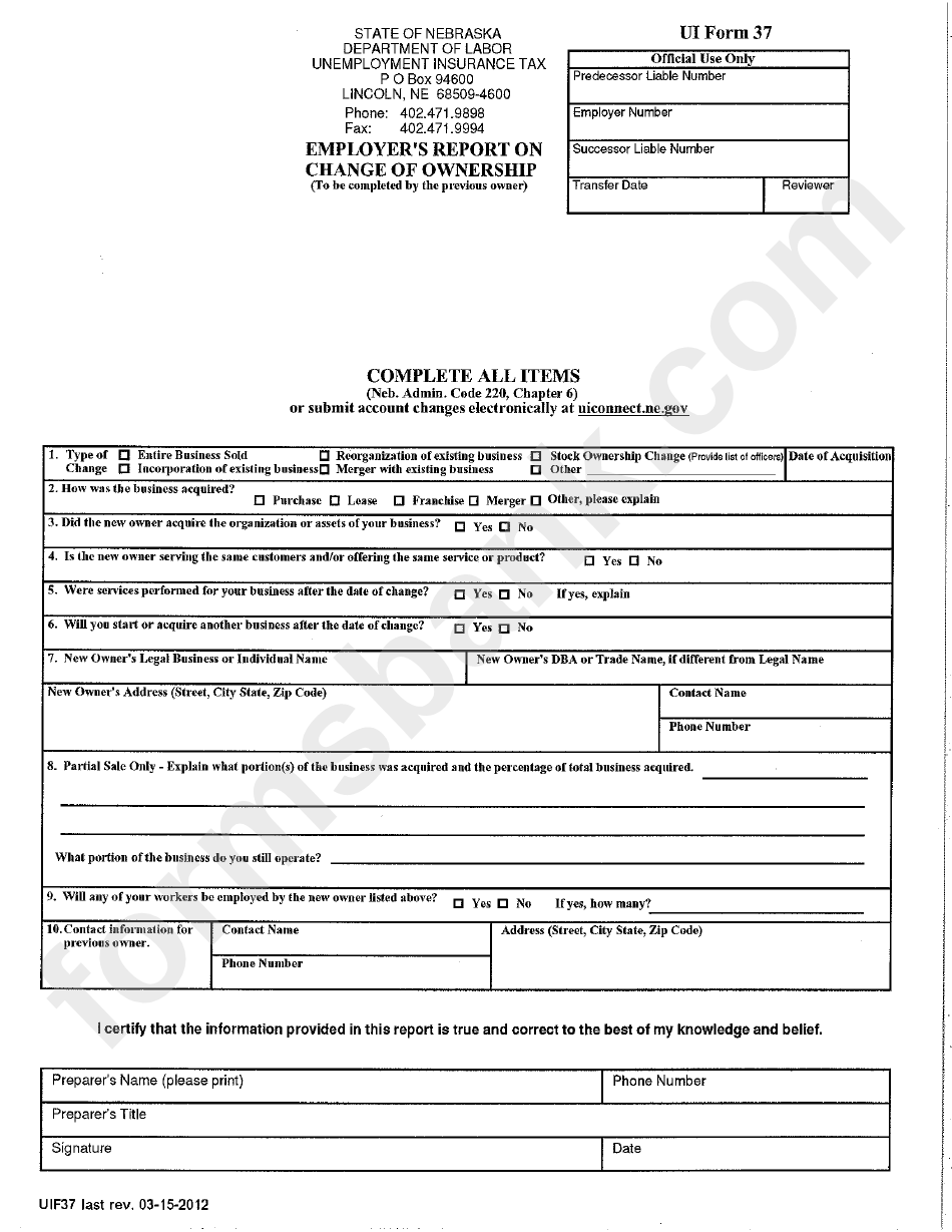 Ui Form 37 Employer S Report On Change Of Ownership Nebraska 
