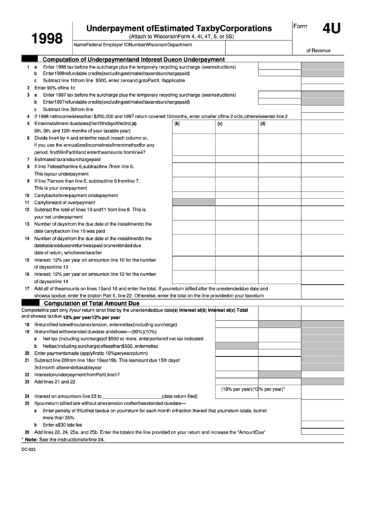 Fillable Form 4u - Underpayment Of Estimated Tax By Corporations - 1998 Printable pdf