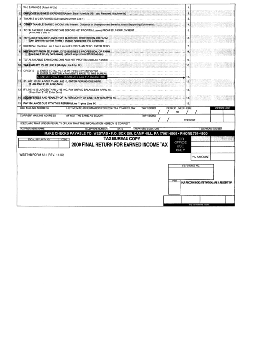 Form 531 - Final Return For Earned Income Tax - 2000 Printable pdf
