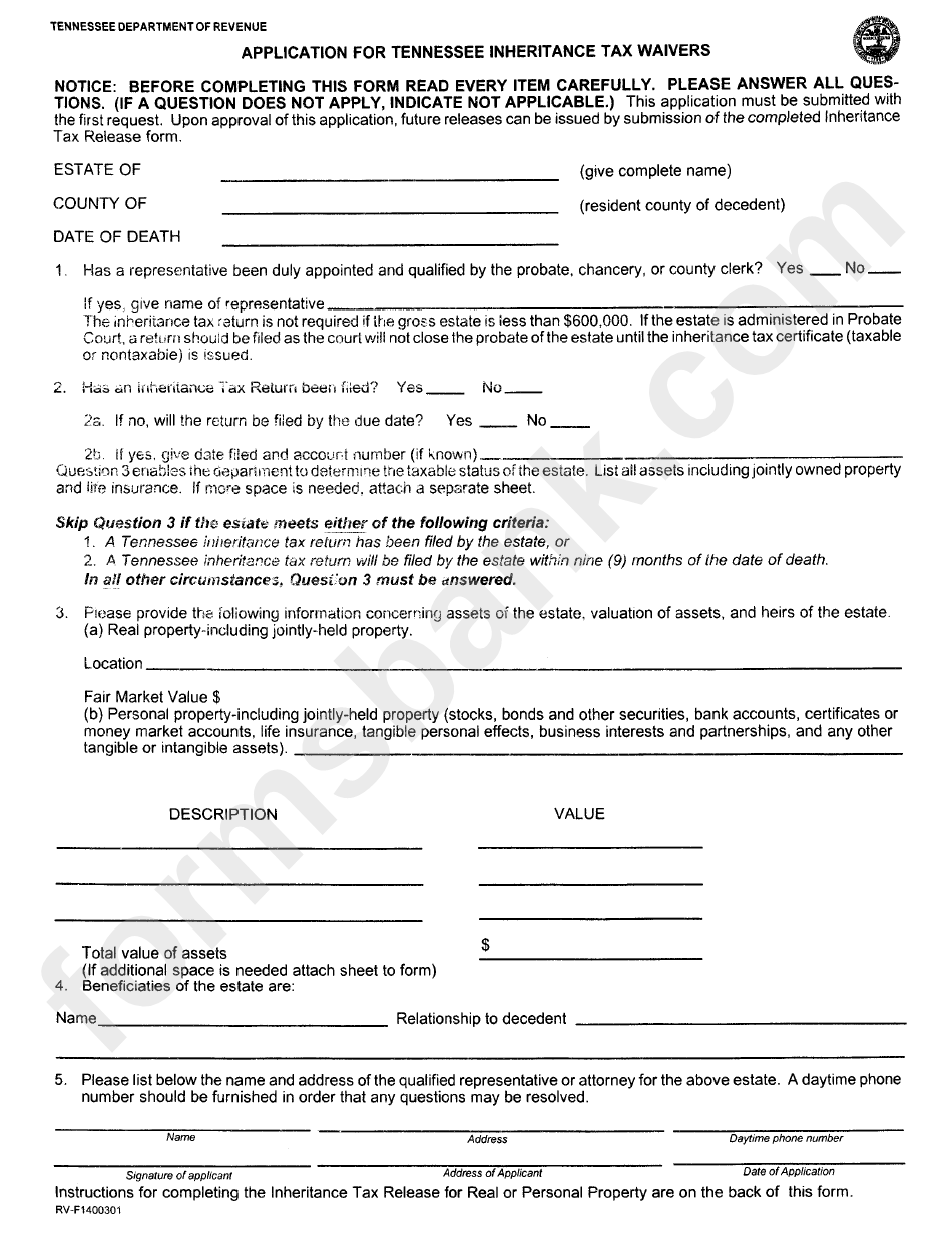 Application For Tennessee Inheritance Tax Waivers - Tennessee Department Of Revenue