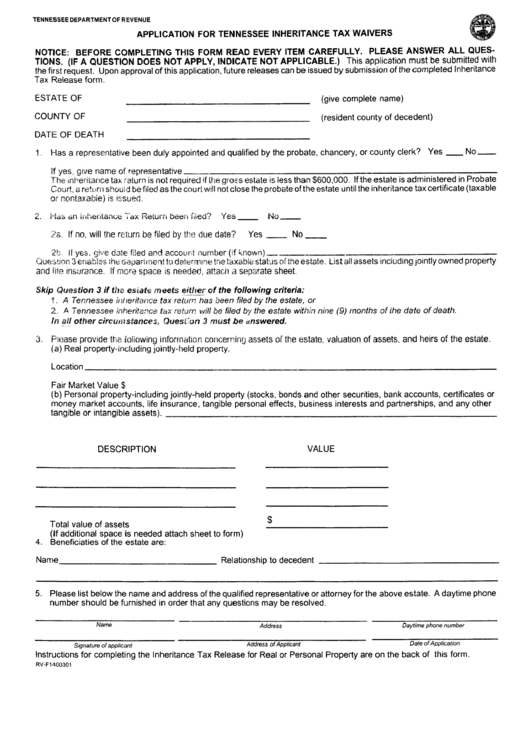 Application For Tennessee Inheritance Tax Waivers - Tennessee Department Of Revenue Printable pdf