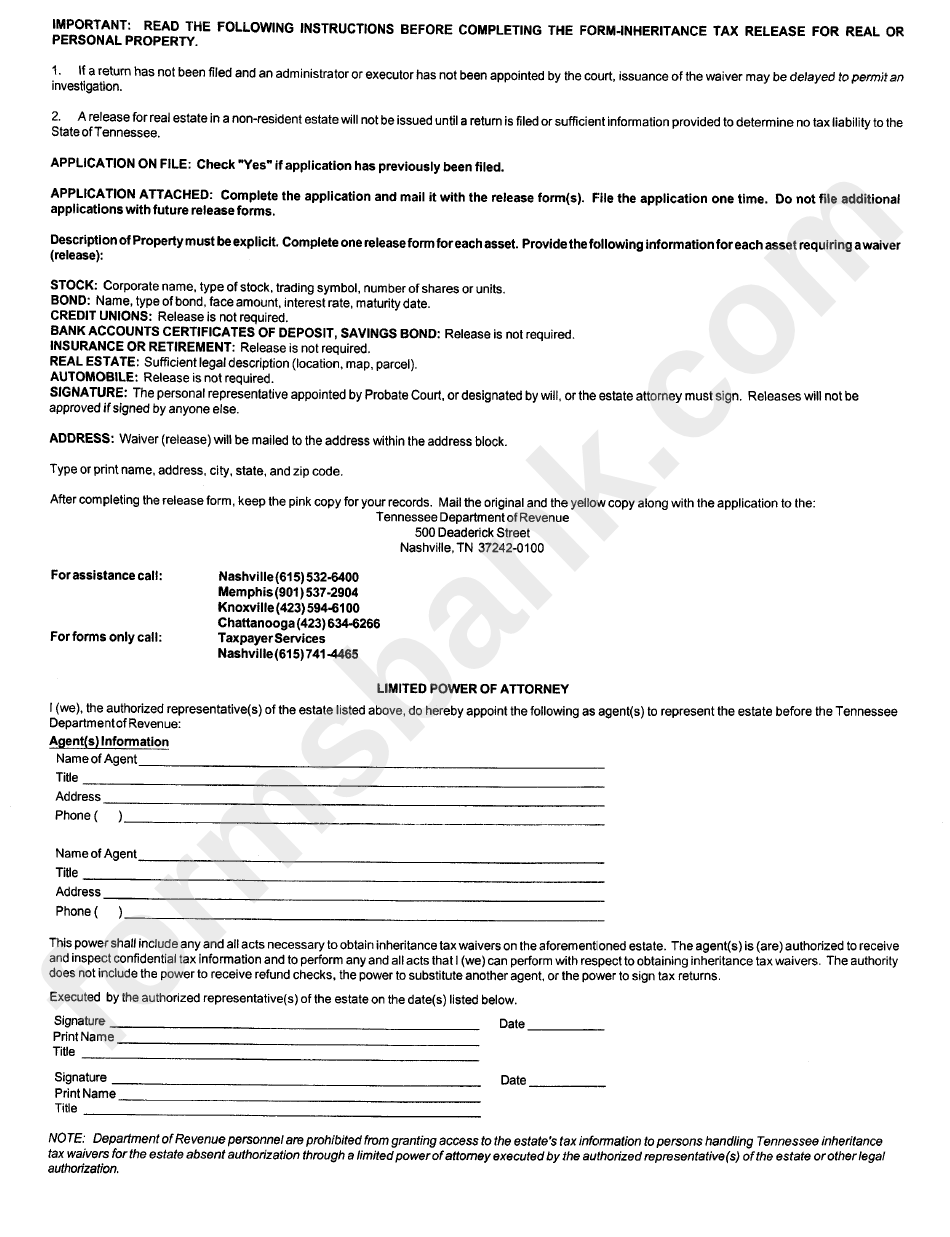 Application For Tennessee Inheritance Tax Waivers - Tennessee Department Of Revenue