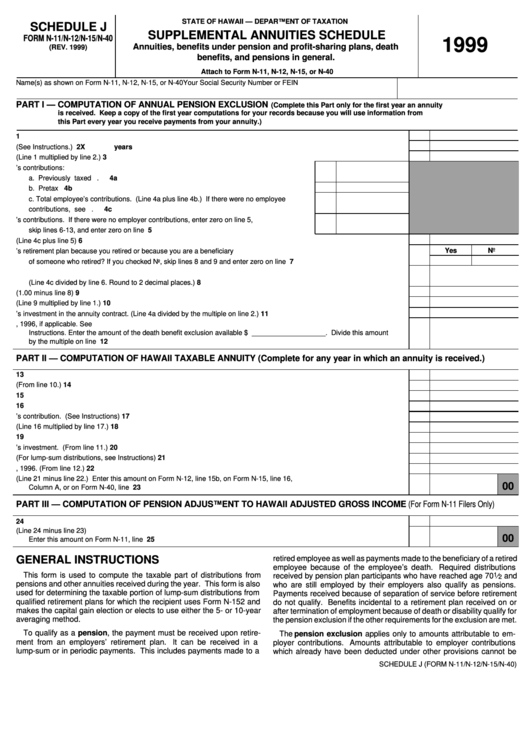 Schedule J (Form N-11/n-12/n-15/n-40) - Supplemental Annuities Schedule - 1999 Printable pdf