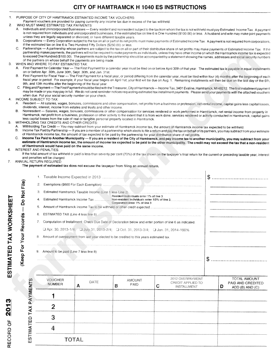 City Of Hamtramck H 1040 Es Instructions printable pdf download