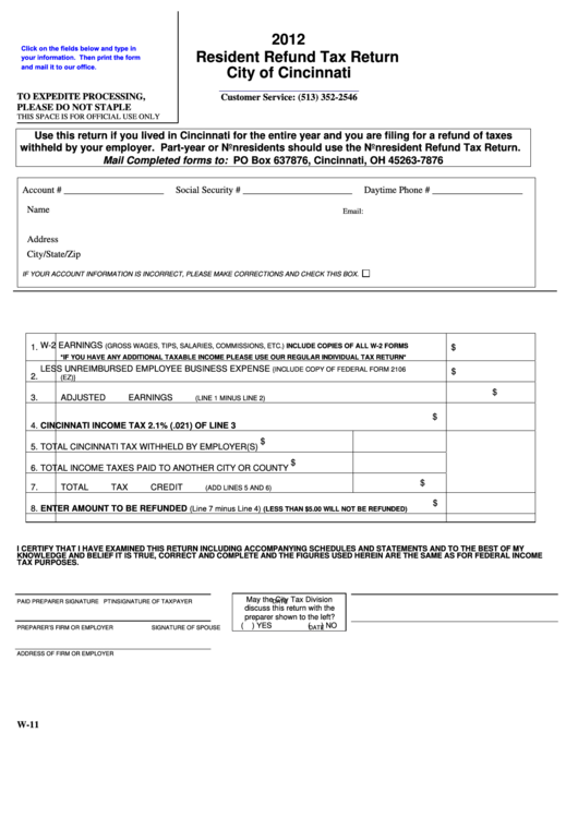 Fillable Resident Refund Tax Return Form - City Of Cincinnati - 2012 Printable pdf