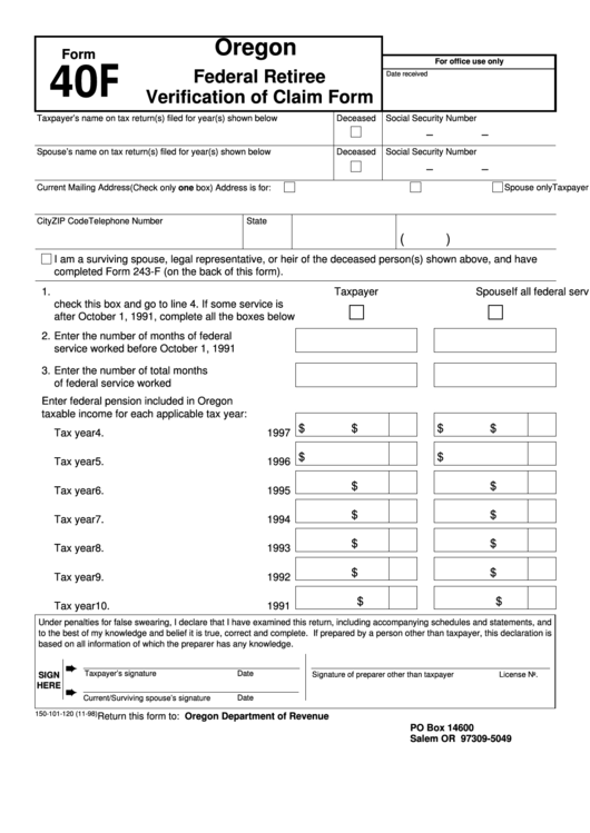 Form 40f - Oregon Federal Retiree Verification Of Claim Form - 1998 Printable pdf