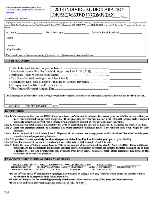 Fillable Form D-1 - 2013 Individual Declaration Of Estimated Income Tax Printable pdf