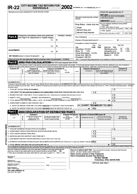 Form Ir-22 - City Income Tax Return For Individuals - 2002 Printable pdf