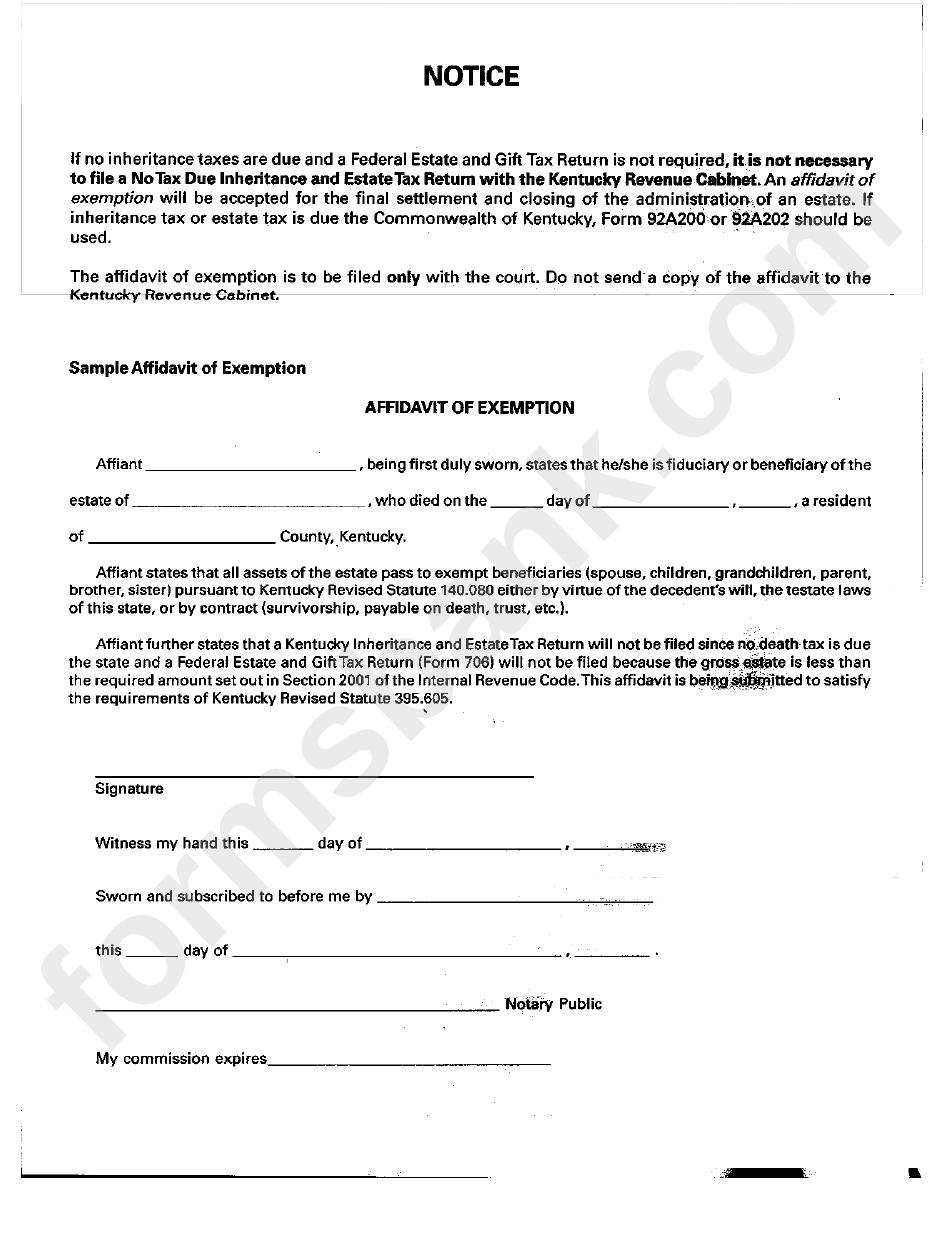 Sample Affidavit Of Exemption - Kentucky