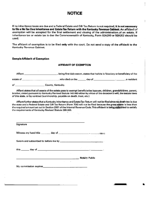 Sample Affidavit Of Exemption - Kentucky Printable pdf