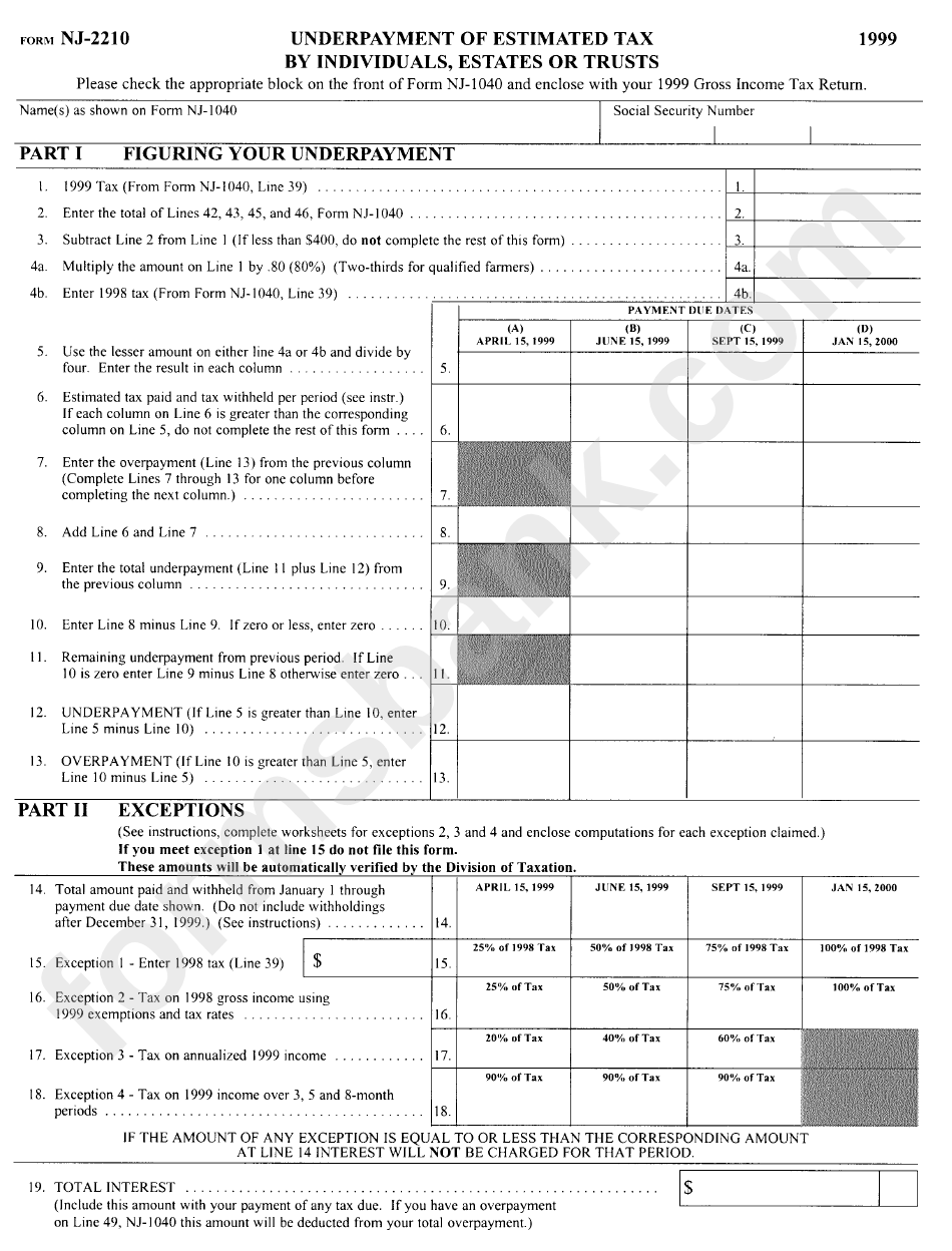 Form Nj-2210 - Underpayment Of Estimated Tax By Individuals, Estates Or Trusts - 1999