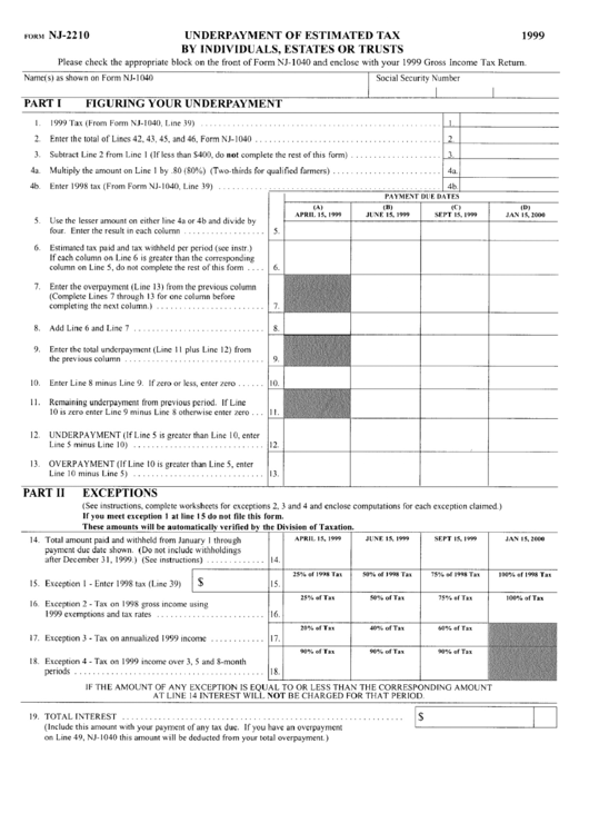 Form Nj-2210 - Underpayment Of Estimated Tax By Individuals, Estates Or Trusts - 1999 Printable pdf