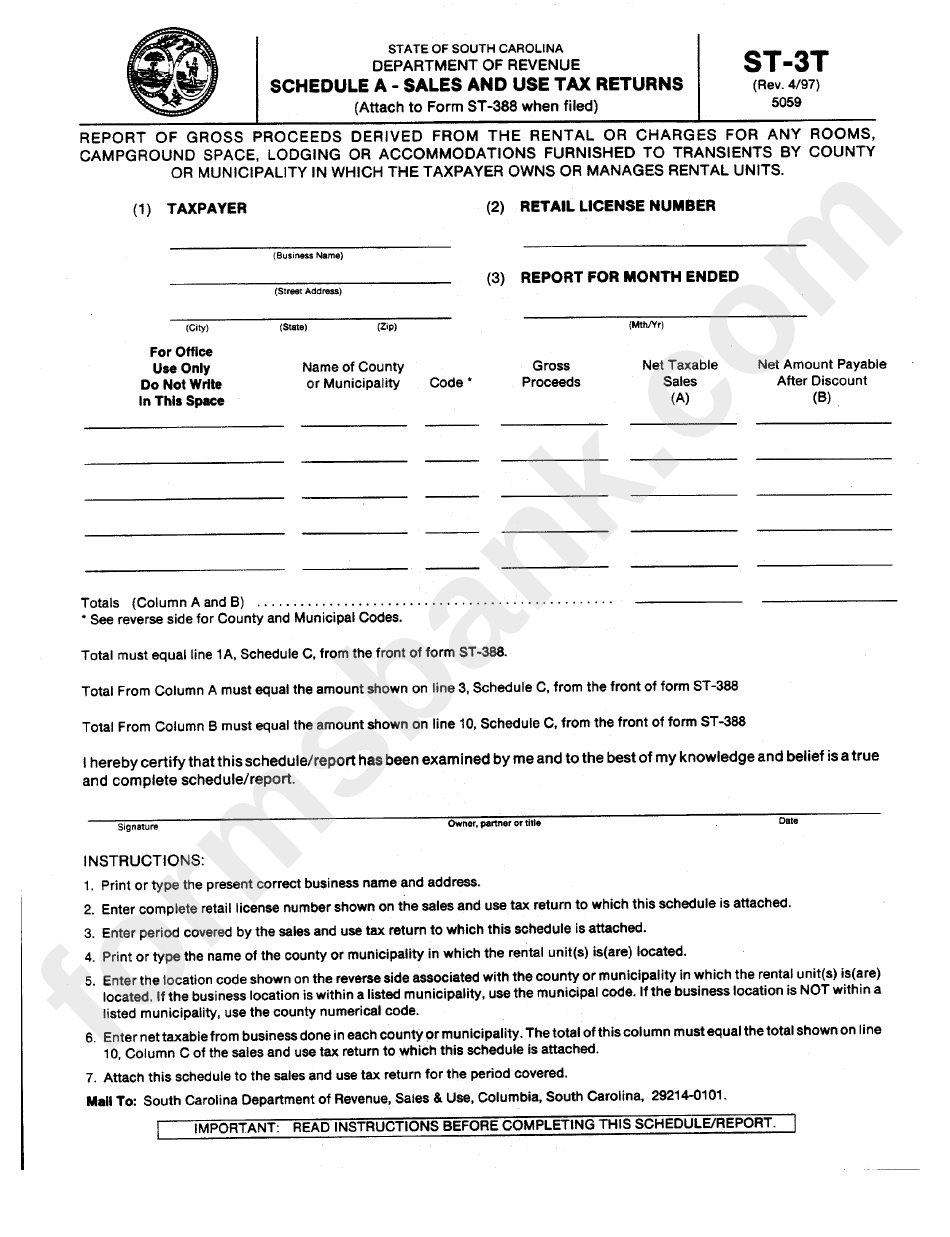 Form St-3t - Schedule A - Sales And Use Tax Returns - South Carolina Department Of Revenue