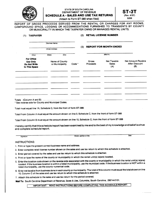 Form St-3t - Schedule A - Sales And Use Tax Returns - South Carolina Department Of Revenue Printable pdf