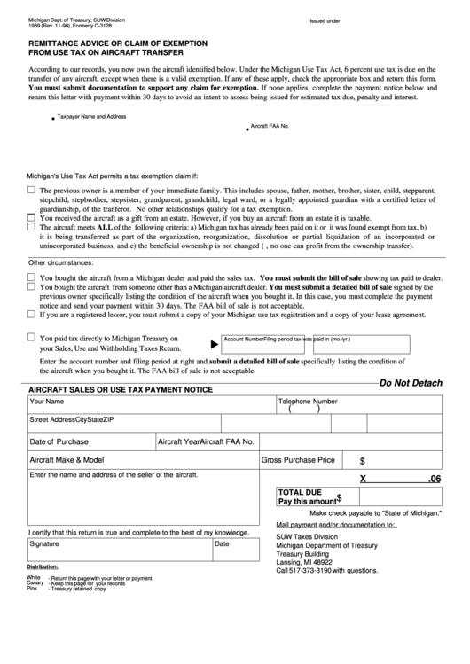 Aircraft Sales Or Use Tax Payment Notice - Michigan Deptartment Of ...