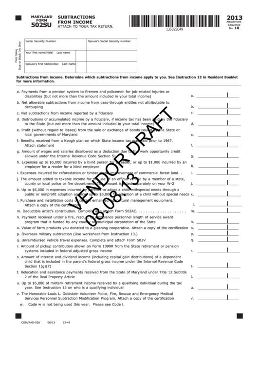 Maryland Form 502su Draft - Subtractions From Income - 2013 Printable pdf